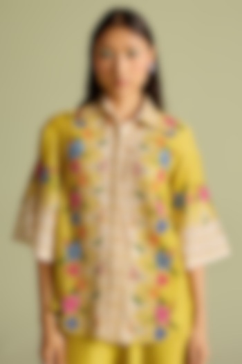 Yellow Chanderi Floral Embroidered Color-Block Shirt by Chandrima at Pernia's Pop Up Shop