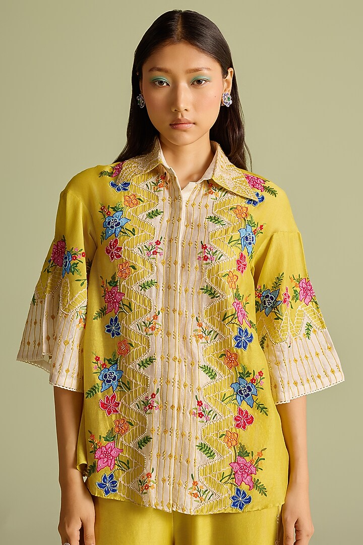 Yellow Chanderi Floral Embroidered Color-Block Shirt by Chandrima at Pernia's Pop Up Shop