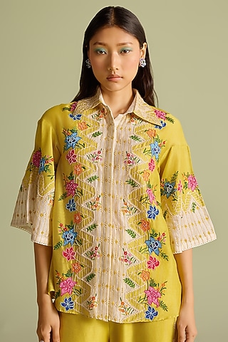 Yellow Chanderi Floral Embroidered Color-Block Shirt by Chandrima