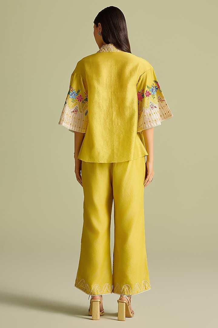 Yellow Chanderi Floral Embroidered Color-Block Shirt by Chandrima at Pernia's Pop Up Shop