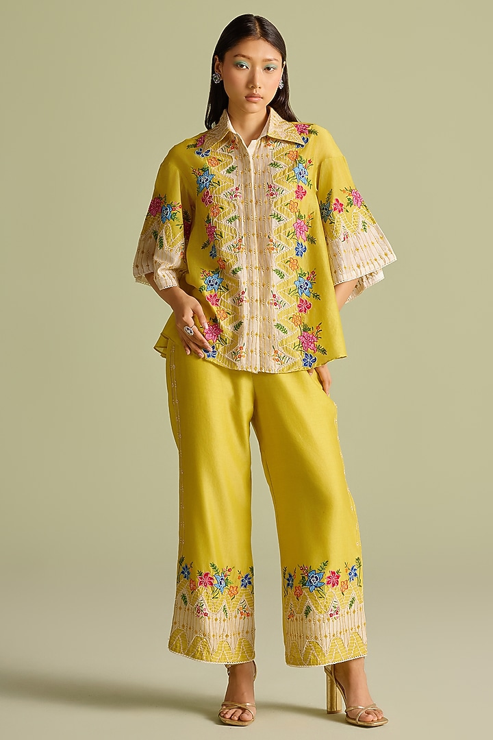 Yellow Chanderi Floral Embroidered Color-Block Shirt by Chandrima at Pernia's Pop Up Shop