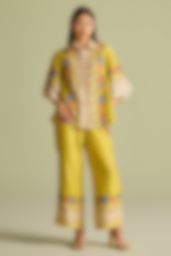 Yellow Chanderi Floral Embroidered Pants by Chandrima at Pernia's Pop Up Shop