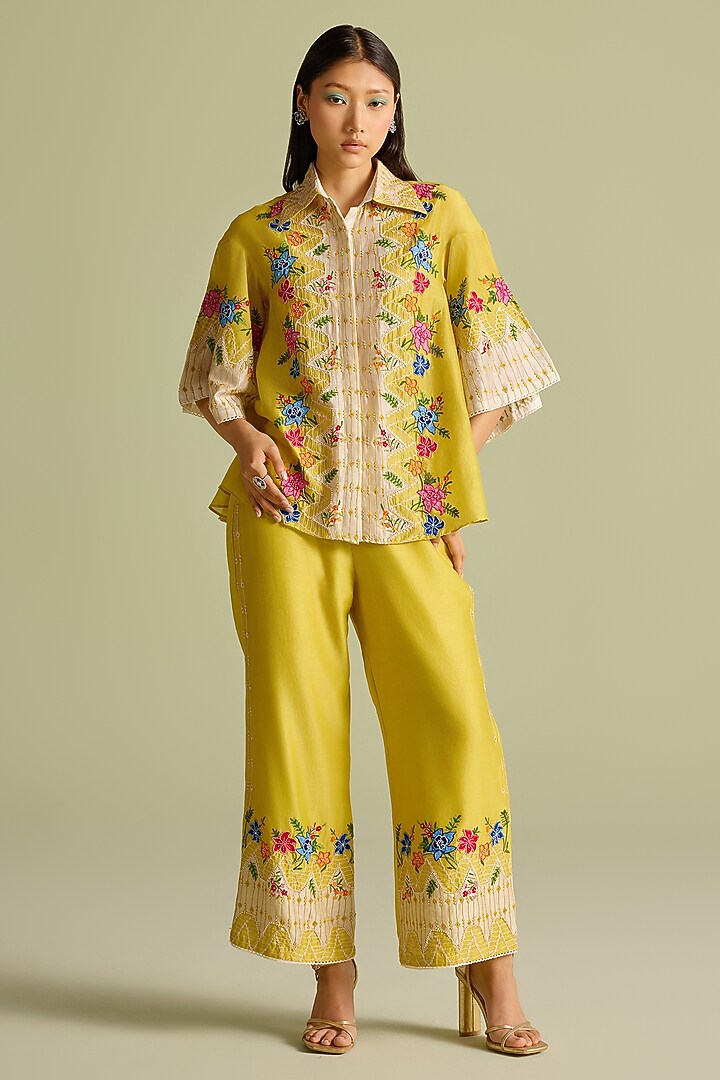 Yellow Chanderi Floral Embroidered Pants by Chandrima at Pernia's Pop Up Shop