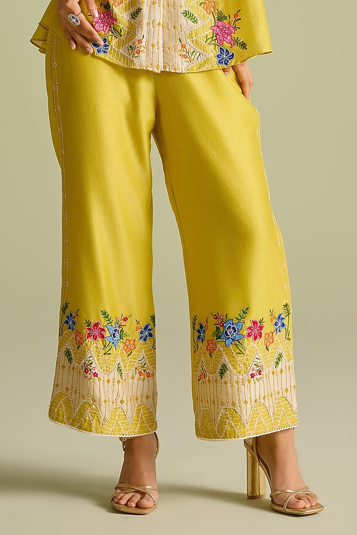 Yellow Chanderi Floral Embroidered Pants by Chandrima at Pernia's Pop Up Shop