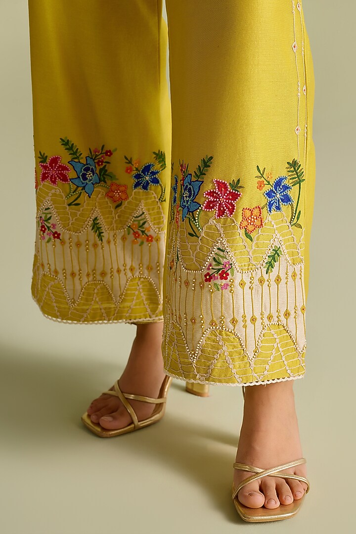 Yellow Chanderi Floral Embroidered Pants by Chandrima at Pernia's Pop Up Shop