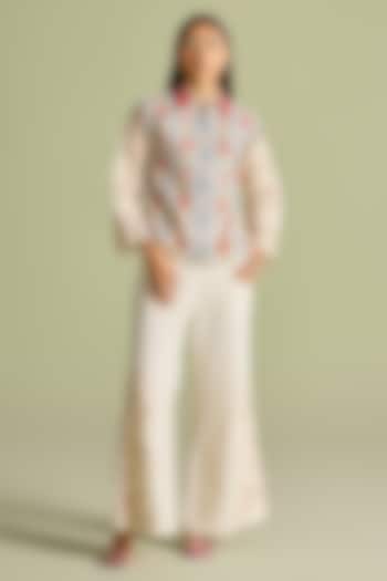 Ivory Chanderi Striped Floral Short Jacket by Chandrima at Pernia's Pop Up Shop