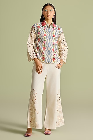Ivory Chanderi Striped Floral Short Jacket by Chandrima
