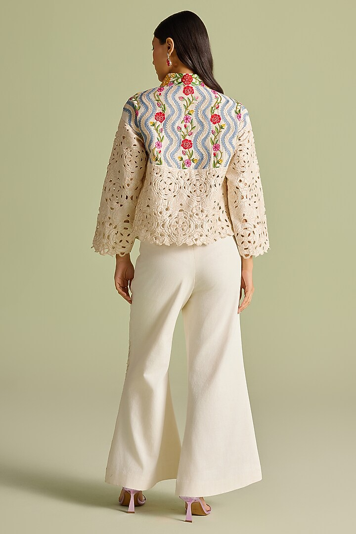 Ivory Chanderi Striped Floral Short Jacket by Chandrima at Pernia's Pop Up Shop