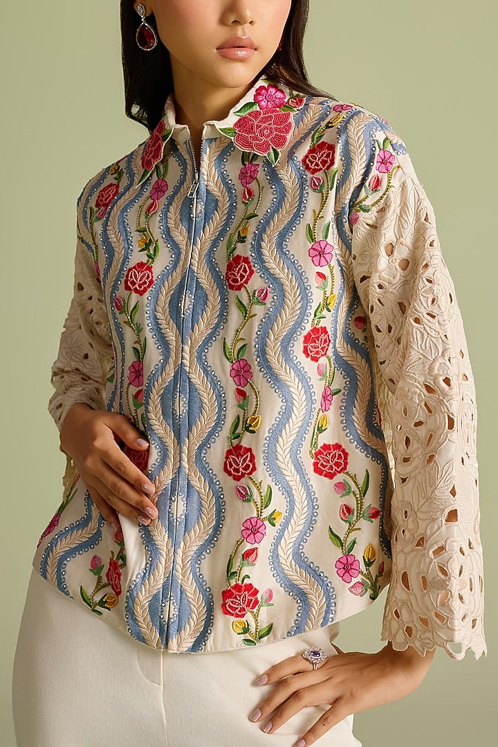 Ivory Chanderi Striped Floral Short Jacket by Chandrima at Pernia's Pop Up Shop