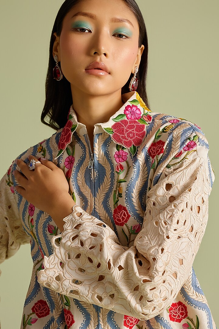 Ivory Chanderi Striped Floral Short Jacket by Chandrima at Pernia's Pop Up Shop