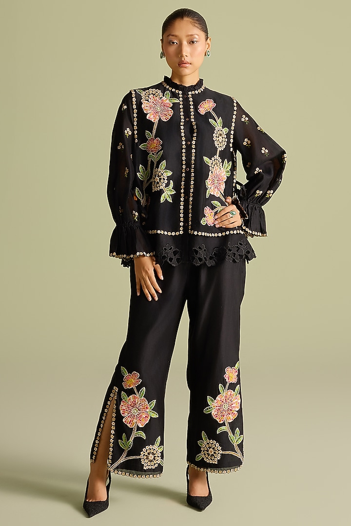 Black Chanderi Thread Work Layered Shirt by Chandrima at Pernia's Pop Up Shop