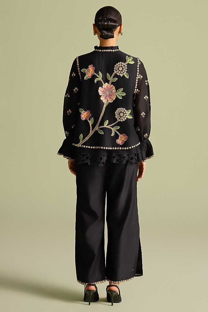 Black Chanderi Thread Work Pants by Chandrima at Pernia's Pop Up Shop