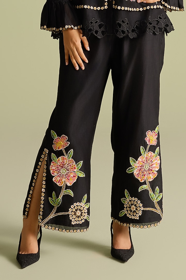 Black Chanderi Thread Work Pants by Chandrima at Pernia's Pop Up Shop