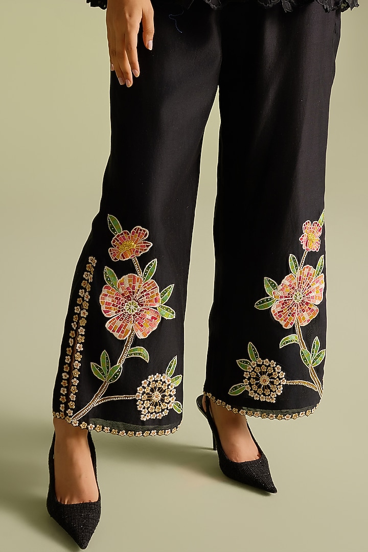 Black Chanderi Thread Work Pants by Chandrima at Pernia's Pop Up Shop