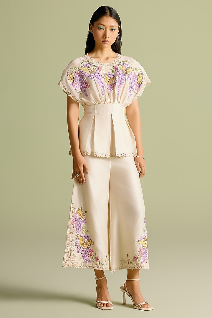 Ivory Chanderi Cutwork Pleated Corset Top by Chandrima at Pernia's Pop Up Shop