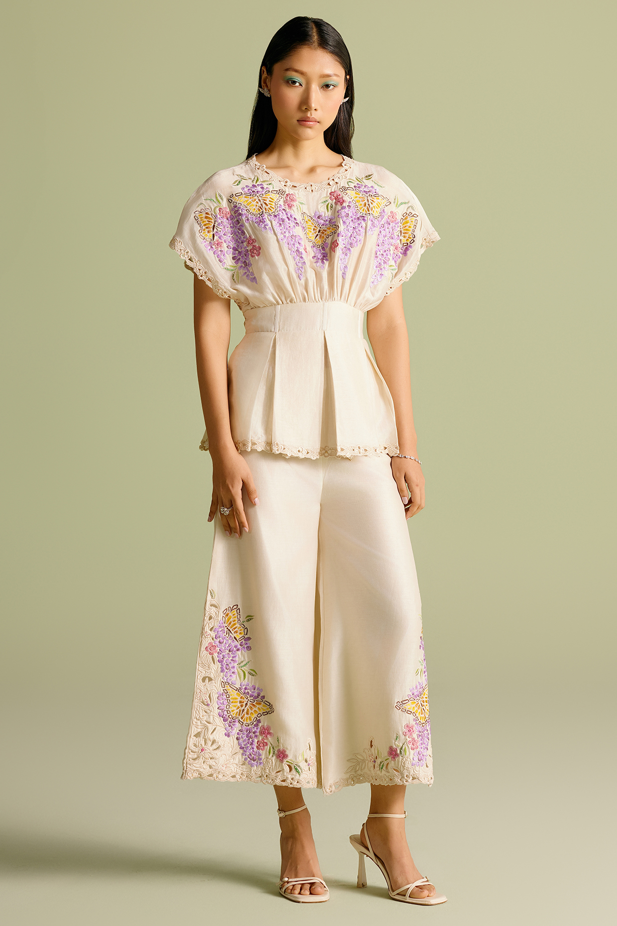 Ivory Chanderi Cutwork Pants by Chandrima at Pernia's Pop Up Shop