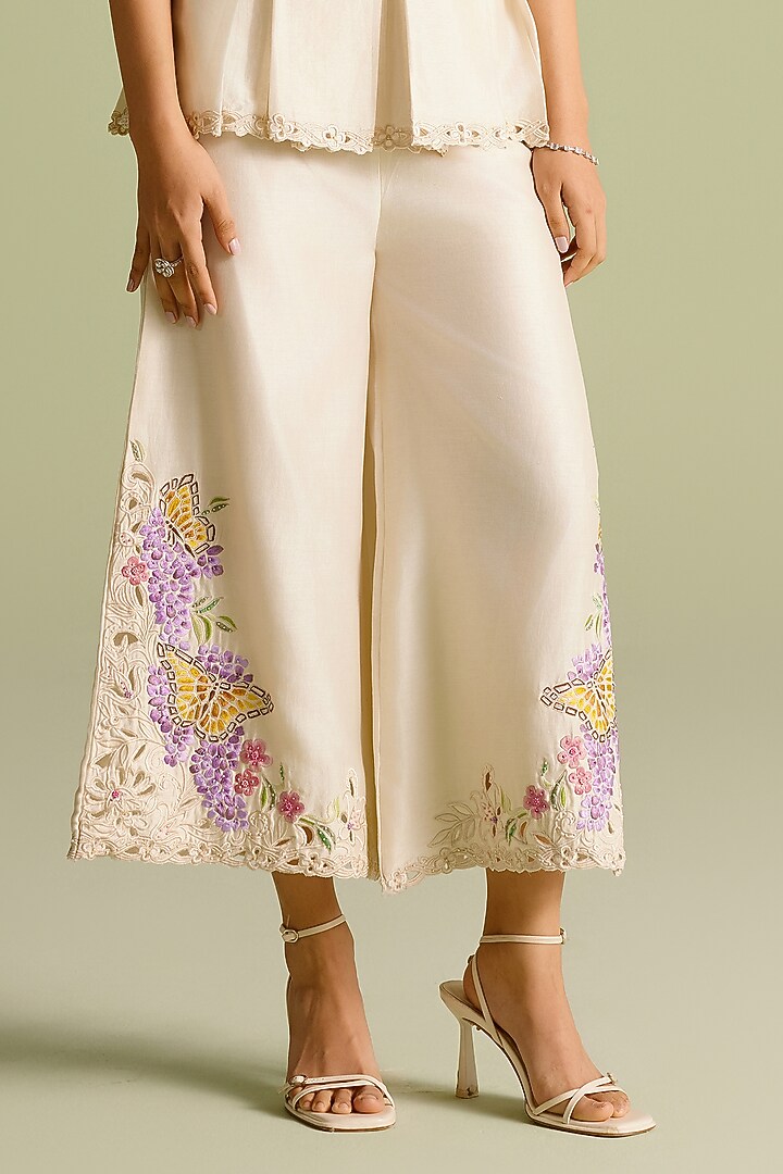 Ivory Chanderi Cutwork Pants by Chandrima at Pernia's Pop Up Shop