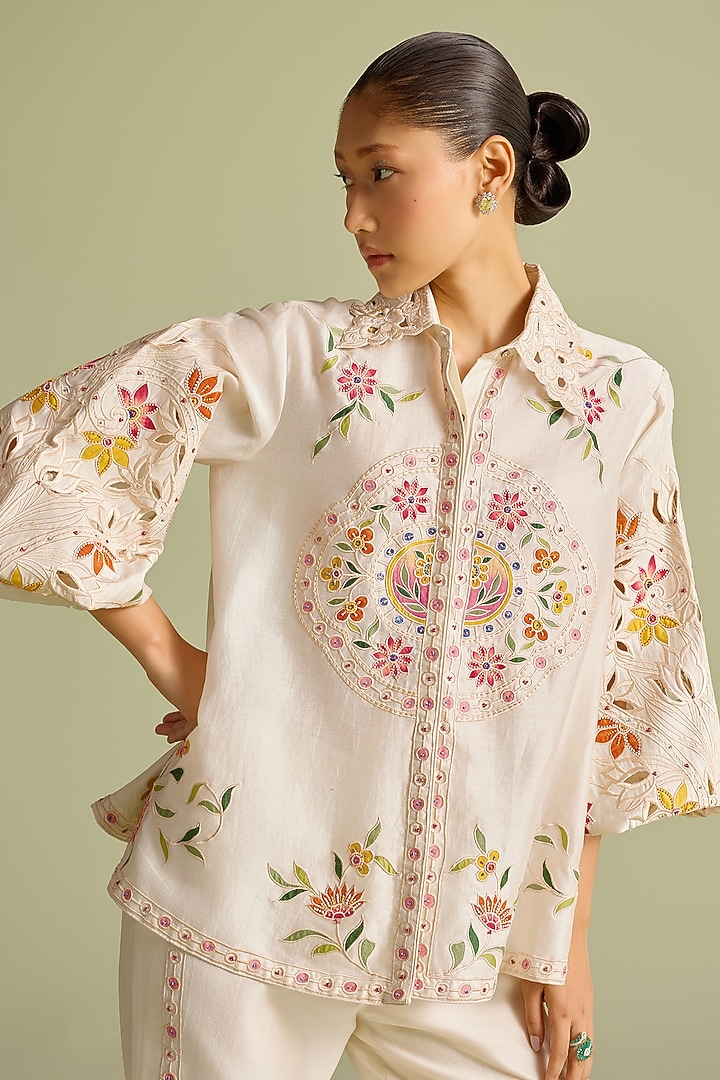 Ivory Chanderi Applique Work Shirt by Chandrima at Pernia's Pop Up Shop