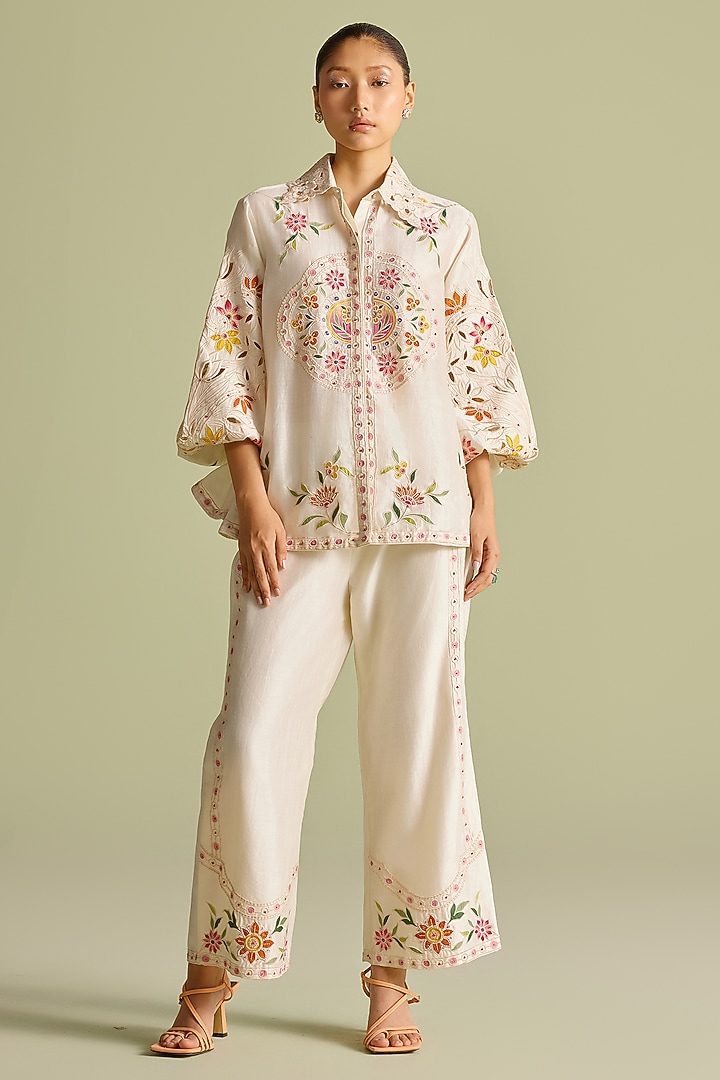 Ivory Chanderi Applique Work Pants by Chandrima at Pernia's Pop Up Shop