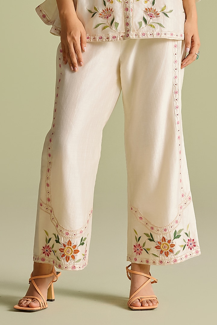 Ivory Chanderi Applique Work Pants by Chandrima at Pernia's Pop Up Shop