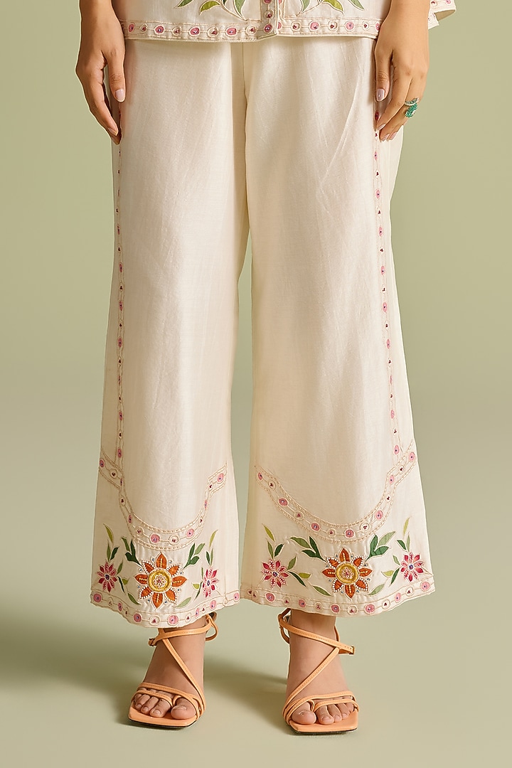 Ivory Chanderi Applique Work Pants by Chandrima at Pernia's Pop Up Shop