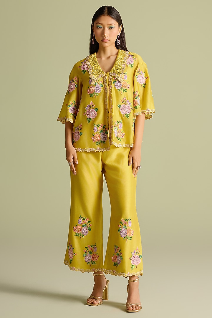 Yellow Chanderi Floral Work Top by Chandrima at Pernia's Pop Up Shop