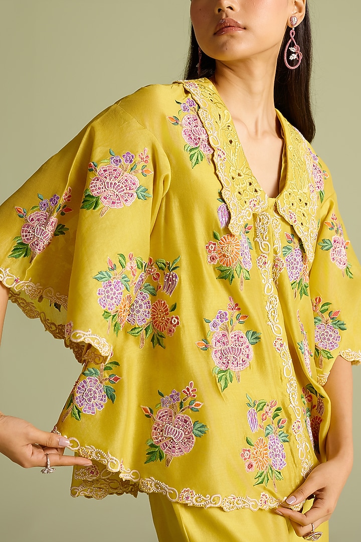 Yellow Chanderi Floral Work Top by Chandrima at Pernia's Pop Up Shop