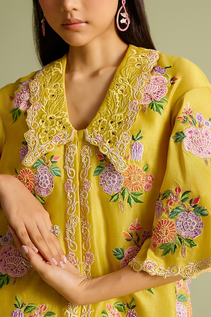 Yellow Chanderi Floral Work Top by Chandrima at Pernia's Pop Up Shop