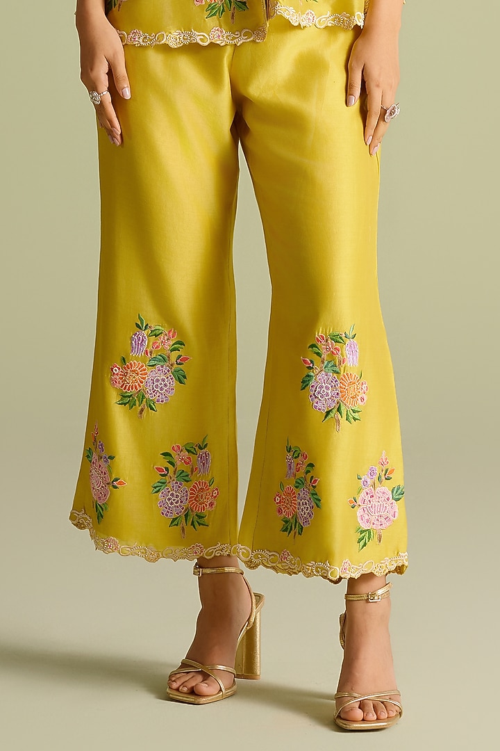 Yellow Chanderi Floral Work Pants by Chandrima at Pernia's Pop Up Shop