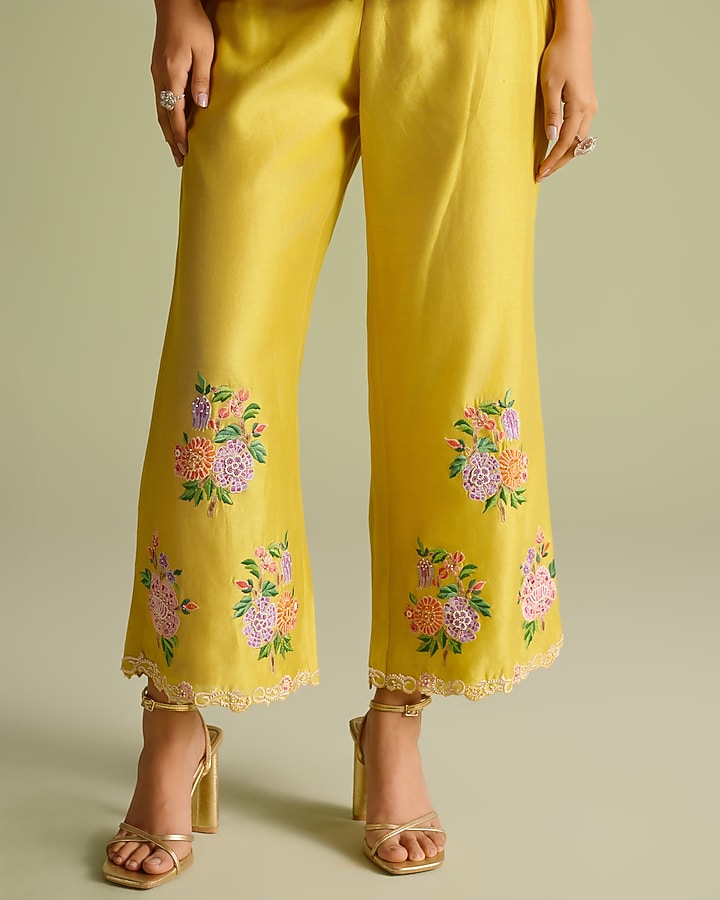 Yellow Chanderi Floral Work Pants by Chandrima at Pernia's Pop Up Shop