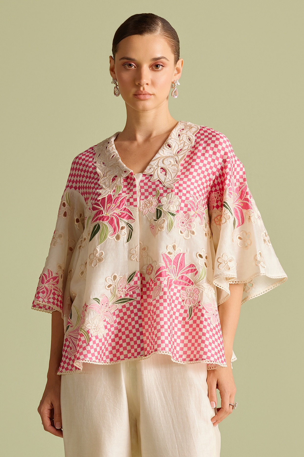Ivory & Fuchsia Chanderi Thread Work Checkered Shirt by Chandrima at Pernia's Pop Up Shop