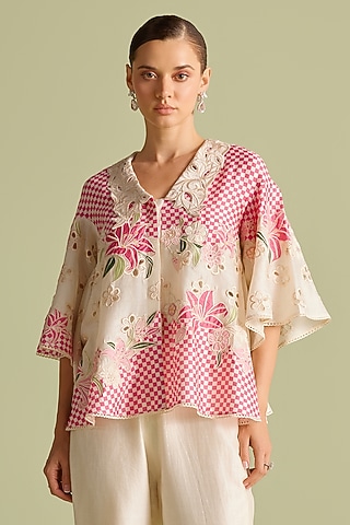 Ivory & Fuchsia Chanderi Thread Work Checkered Shirt by Chandrima