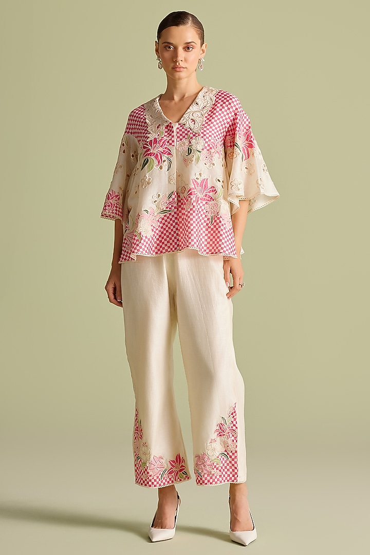 Ivory & Fuchsia Chanderi Thread Work Checkered Shirt by Chandrima at Pernia's Pop Up Shop