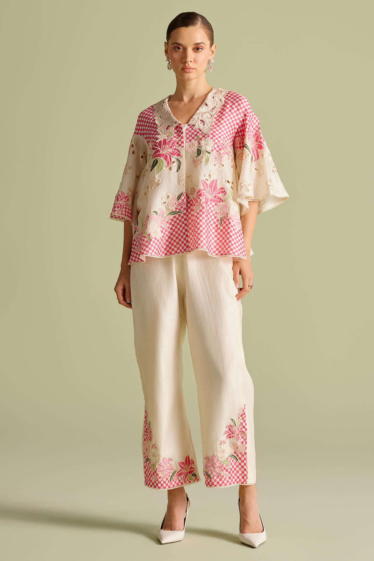 Ivory & Fuchsia Chanderi Thread Work Checkered Pants by Chandrima at Pernia's Pop Up Shop