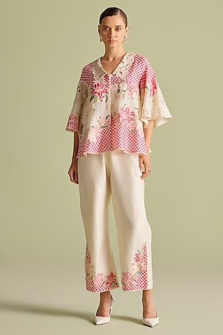Ivory & Fuchsia Chanderi Thread Work Checkered Pants by Chandrima