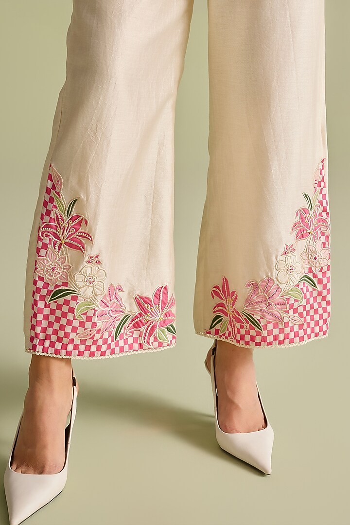 Ivory & Fuchsia Chanderi Thread Work Checkered Pants by Chandrima at Pernia's Pop Up Shop