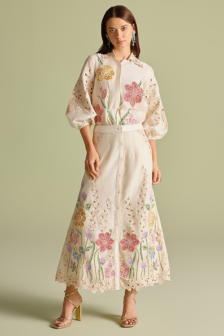 Ivory Chanderi Floral Thread Work Shirt by Chandrima at Pernia's Pop Up Shop
