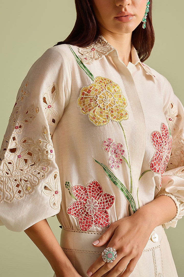 Ivory Chanderi Floral Thread Work Shirt by Chandrima at Pernia's Pop Up Shop