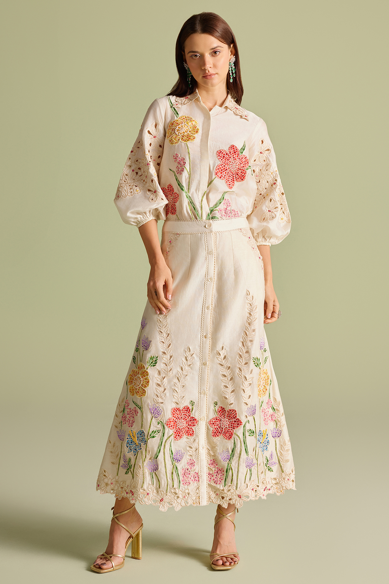 Ivory Chanderi Floral Thread Work Button-Down Skirt by Chandrima at Pernia's Pop Up Shop