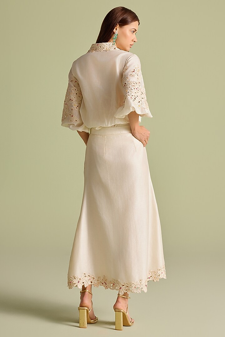 Ivory Chanderi Floral Thread Work Button-Down Skirt by Chandrima at Pernia's Pop Up Shop