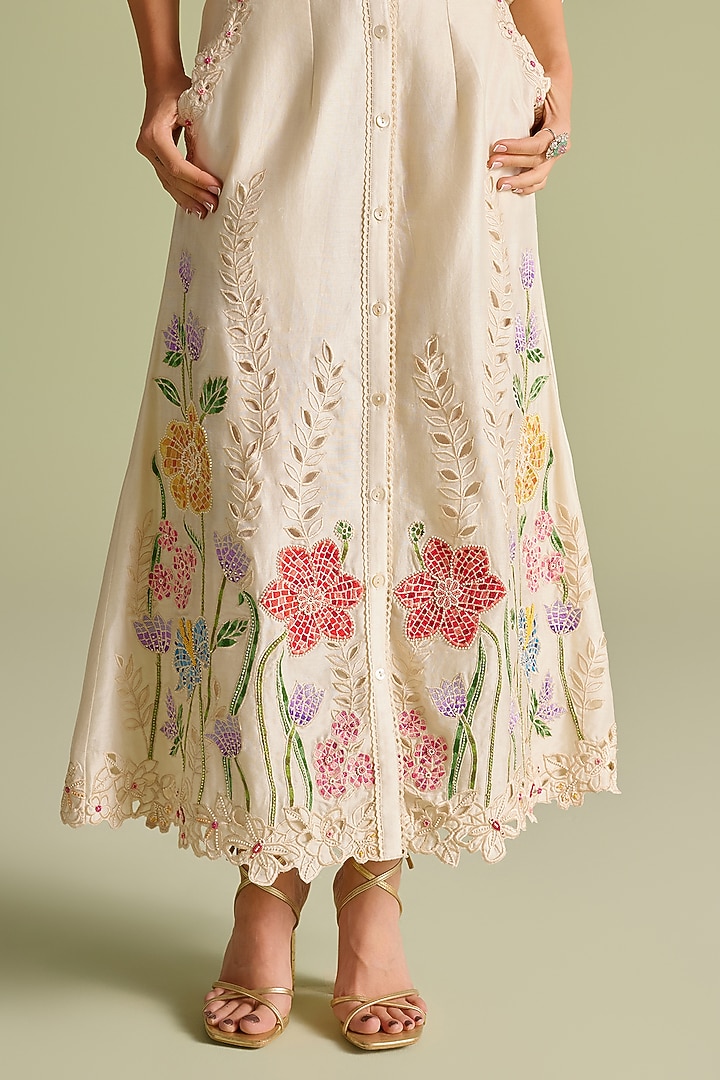 Ivory Chanderi Floral Thread Work Button-Down Skirt by Chandrima at Pernia's Pop Up Shop