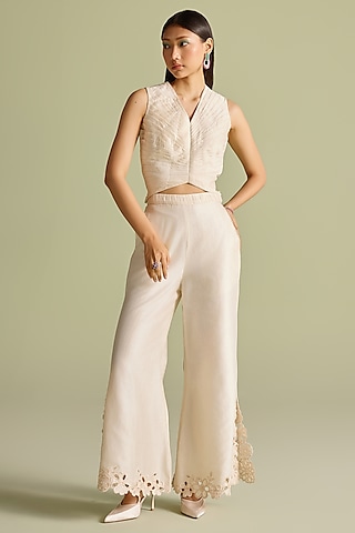 Ivory Chanderi Pleated Crop Top by Chandrima