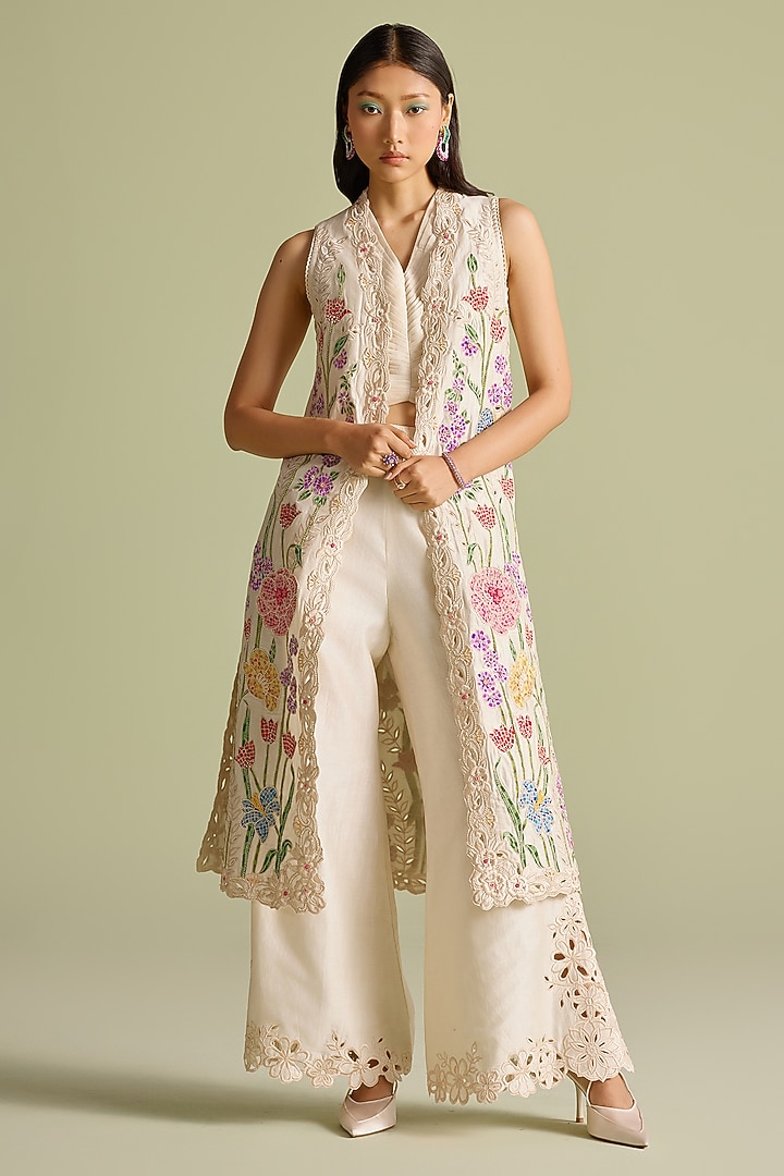 Ivory Chanderi Pleated Crop Top by Chandrima at Pernia's Pop Up Shop