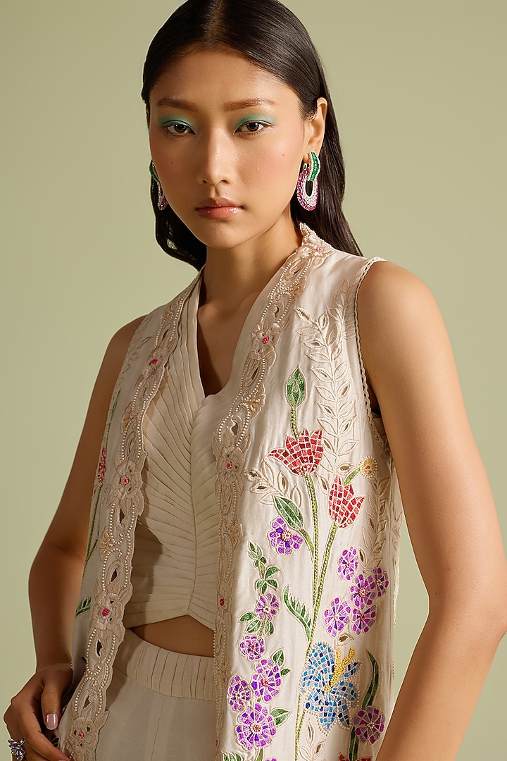 Ivory Chanderi Pleated Crop Top by Chandrima at Pernia's Pop Up Shop
