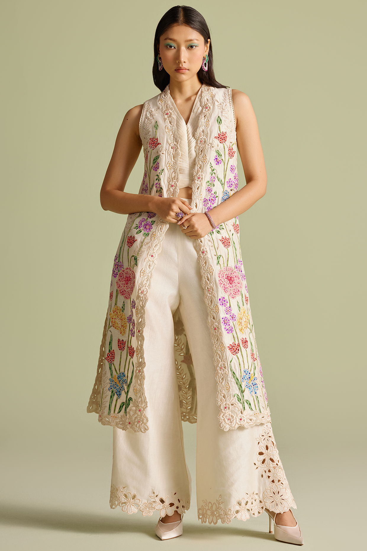 Ivory Chanderi Cutwork Long Jacket by Chandrima at Pernia's Pop Up Shop