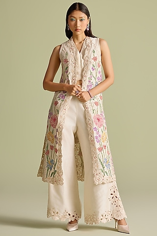 Ivory Chanderi Cutwork Long Jacket by Chandrima