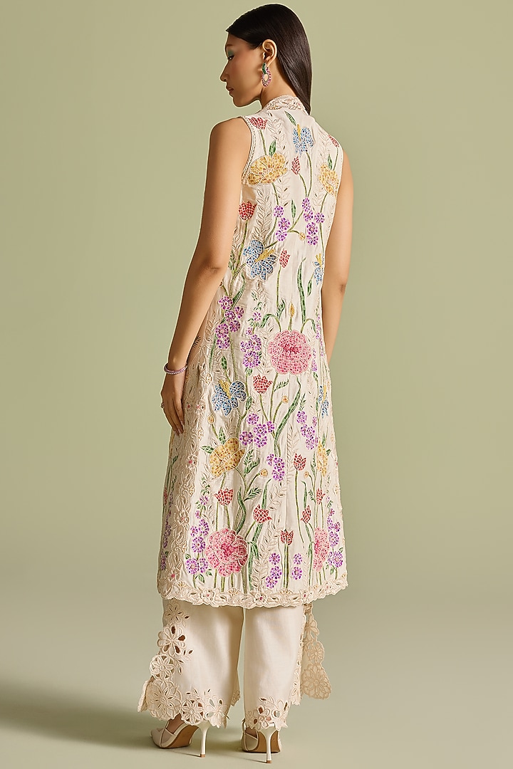 Ivory Chanderi Cutwork Long Jacket by Chandrima at Pernia's Pop Up Shop