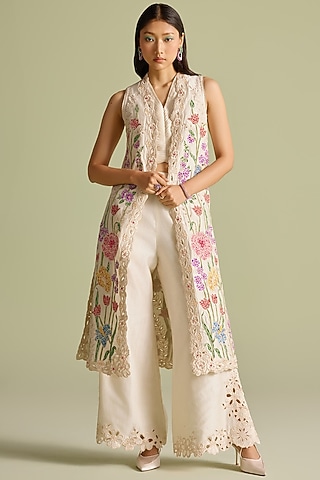 Ivory Chanderi Cutwork Bell Bottom Pants by Chandrima