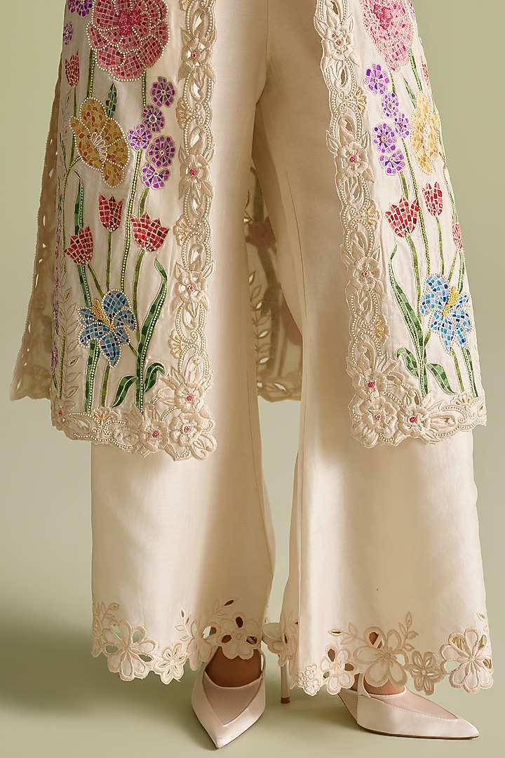 Ivory Chanderi Cutwork Bell Bottom Pants by Chandrima at Pernia's Pop Up Shop