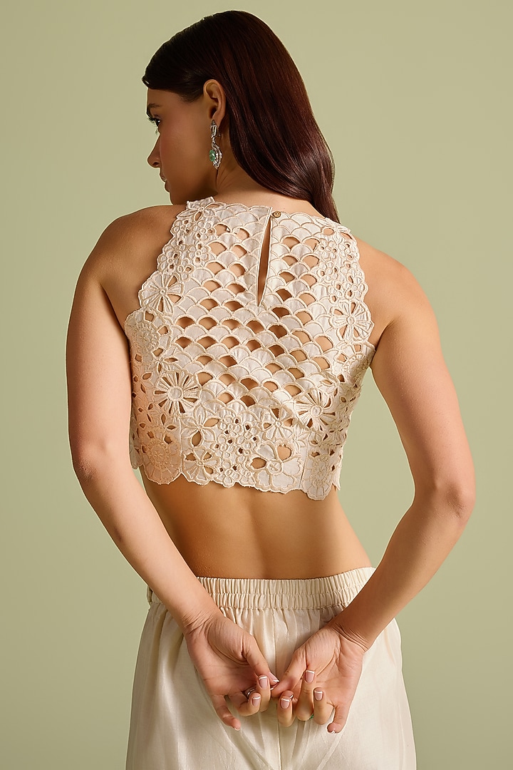 Ivory Chanderi Cutwork Crop Top by Chandrima at Pernia's Pop Up Shop
